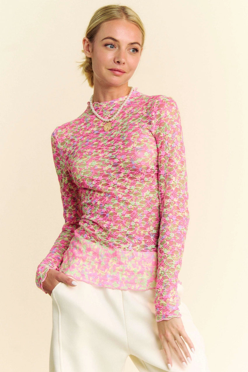 Garden Party Lace Mesh Top - Pink - Revel Boutique