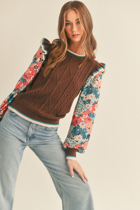 Fall Feeling Sweater - Brown/Teal Floral - Revel Boutique