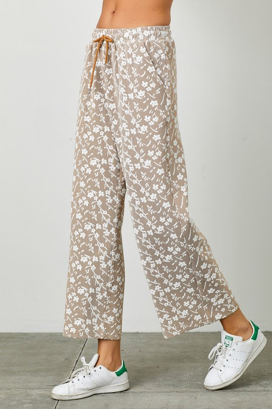 Water Lily Jacquard Pants - Tan - Revel Boutique