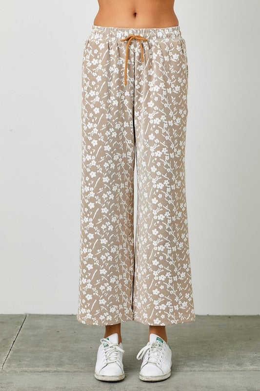 Water Lily Jacquard Pants - Tan - Revel Boutique