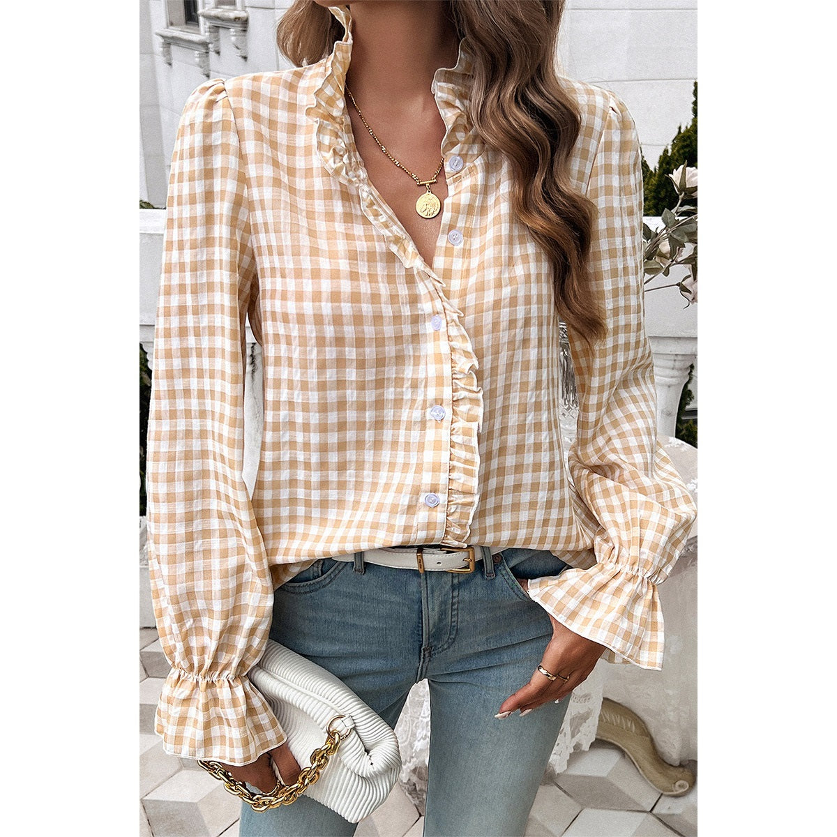 Genevieve Gingham Blouse - Khaki - Revel Boutique