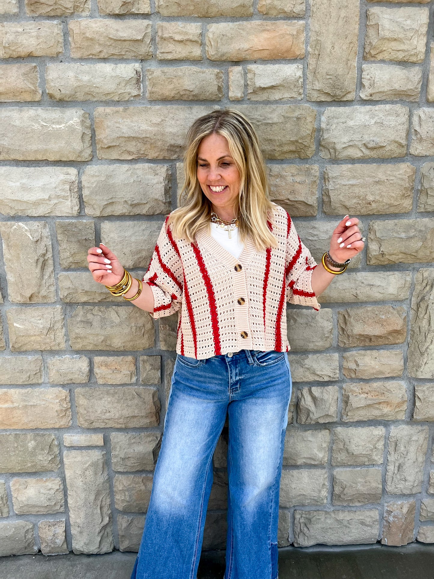 Fired Up Open Knit Top - Red/Cream