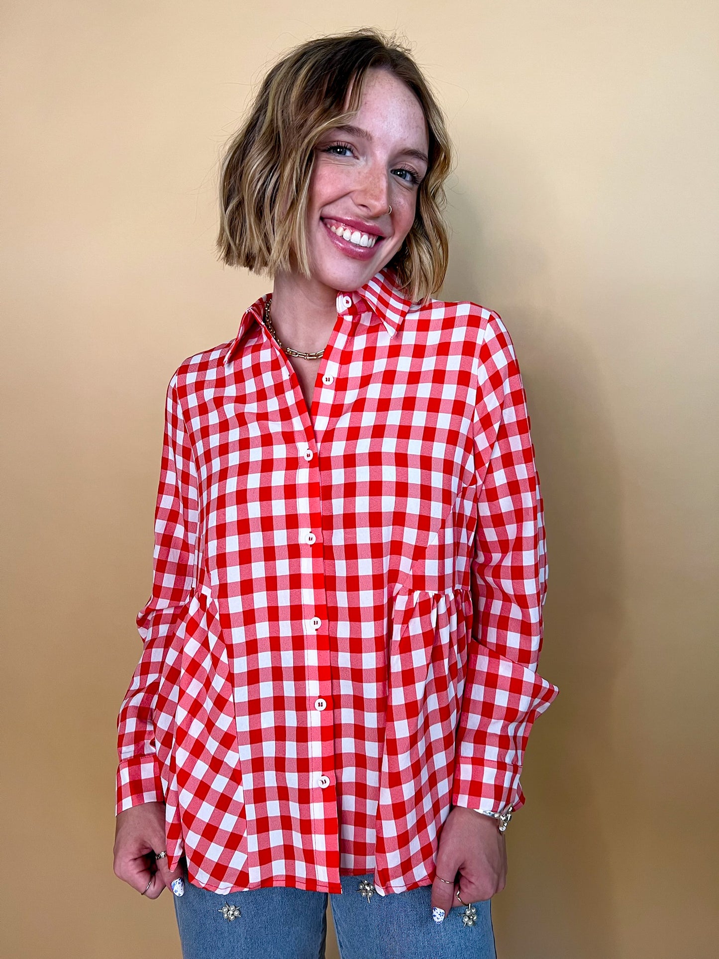 Mackenzie Red Gingham Button Down - Revel Boutique