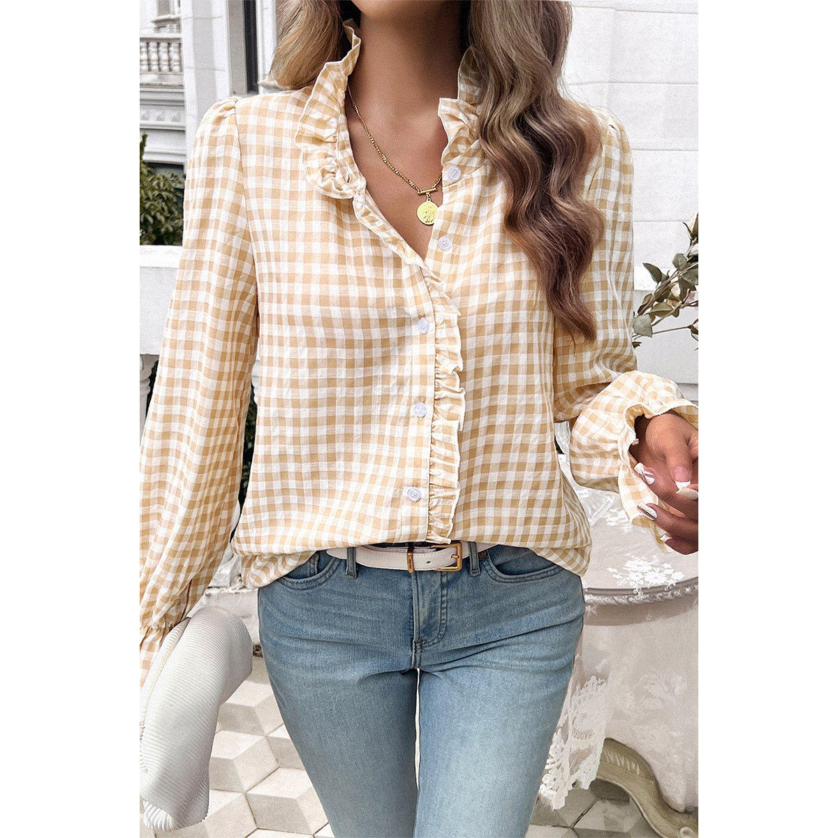 Genevieve Gingham Blouse - Khaki - Revel Boutique