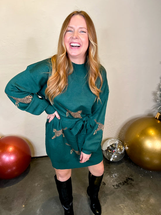 Race Ya Cheetah Sweater Dress - Emerald