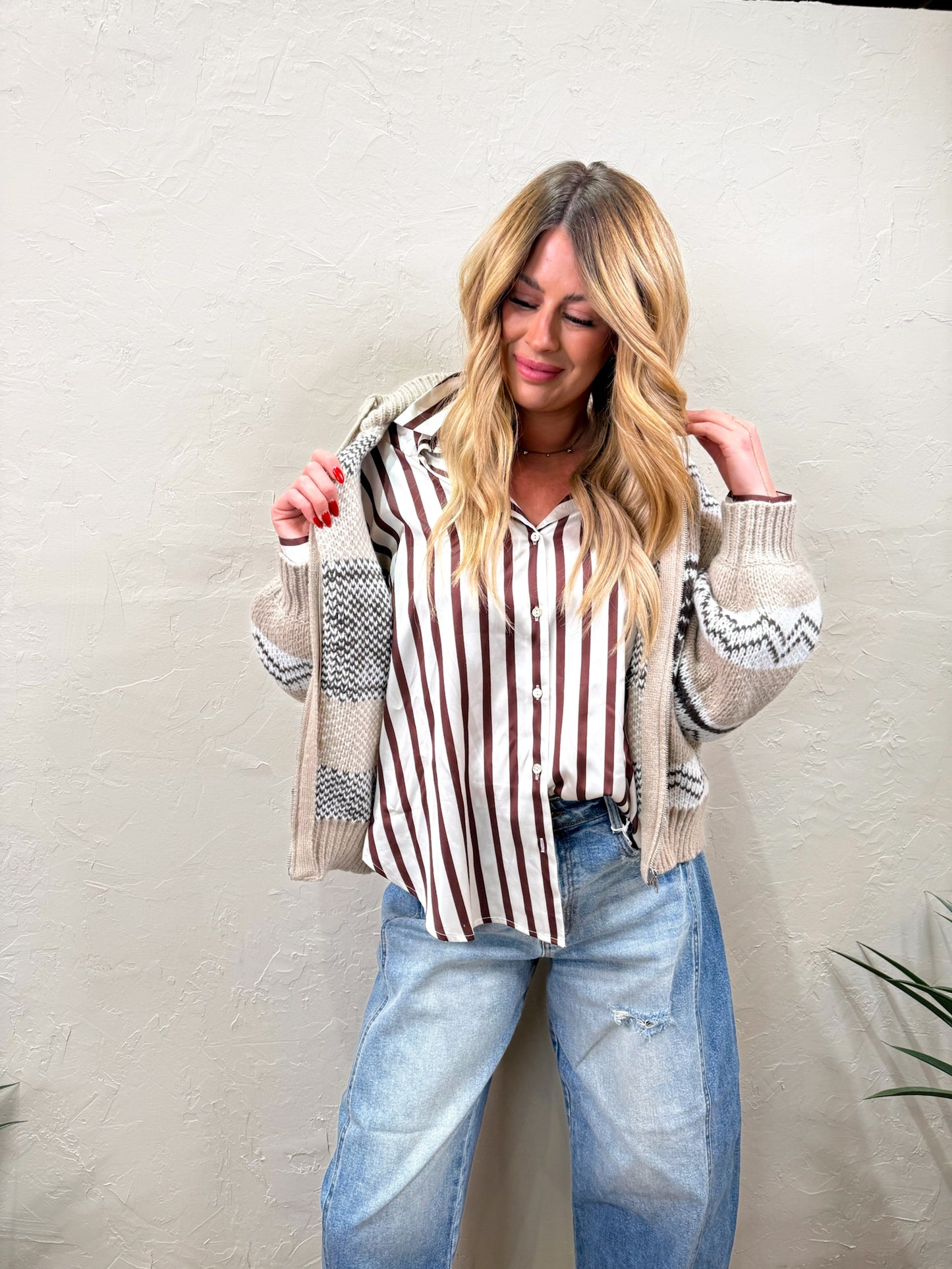 Power Moves Striped Blouse - Brown