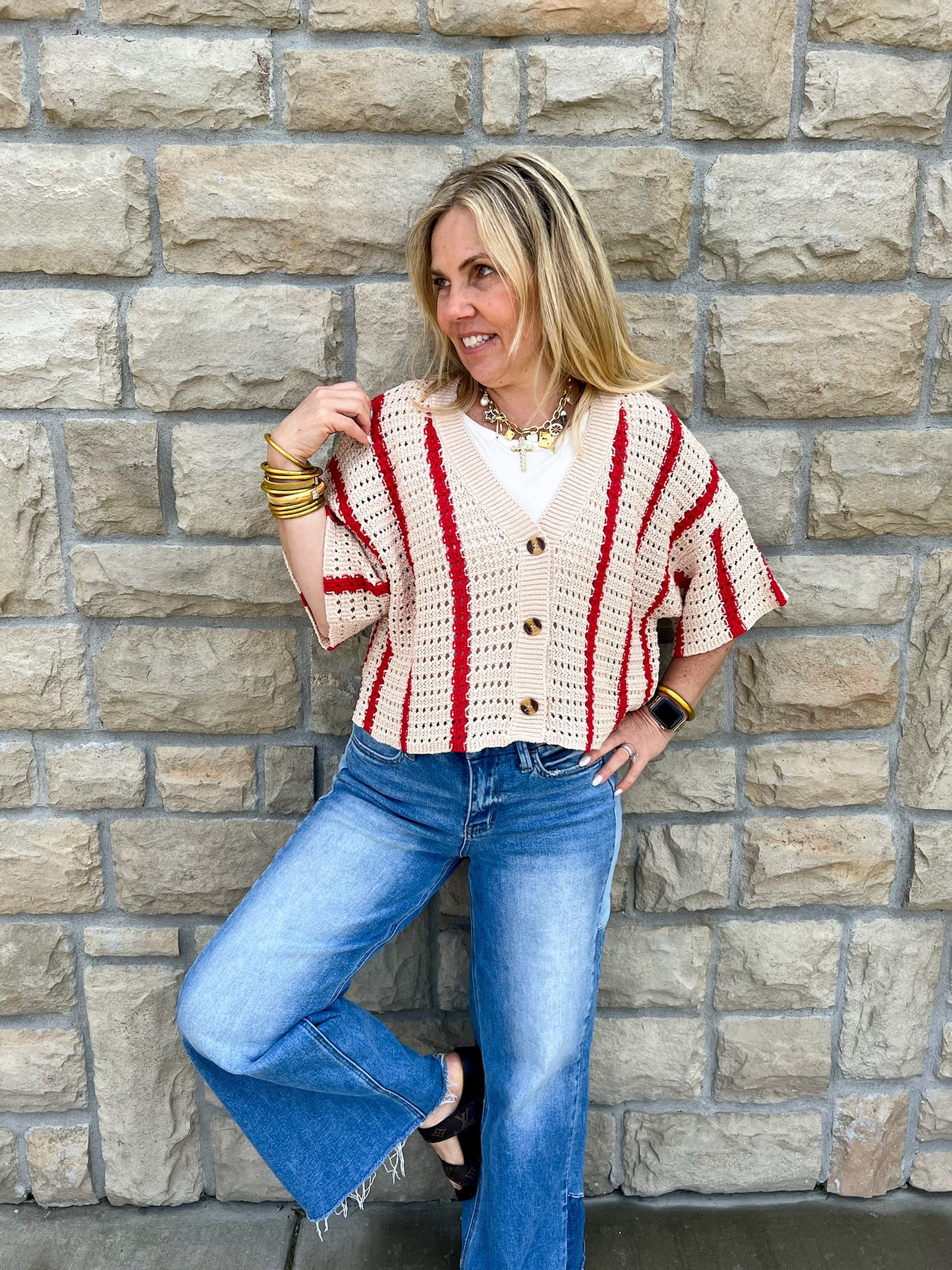 Fired Up Open Knit Top - Red/Cream - Revel Boutique