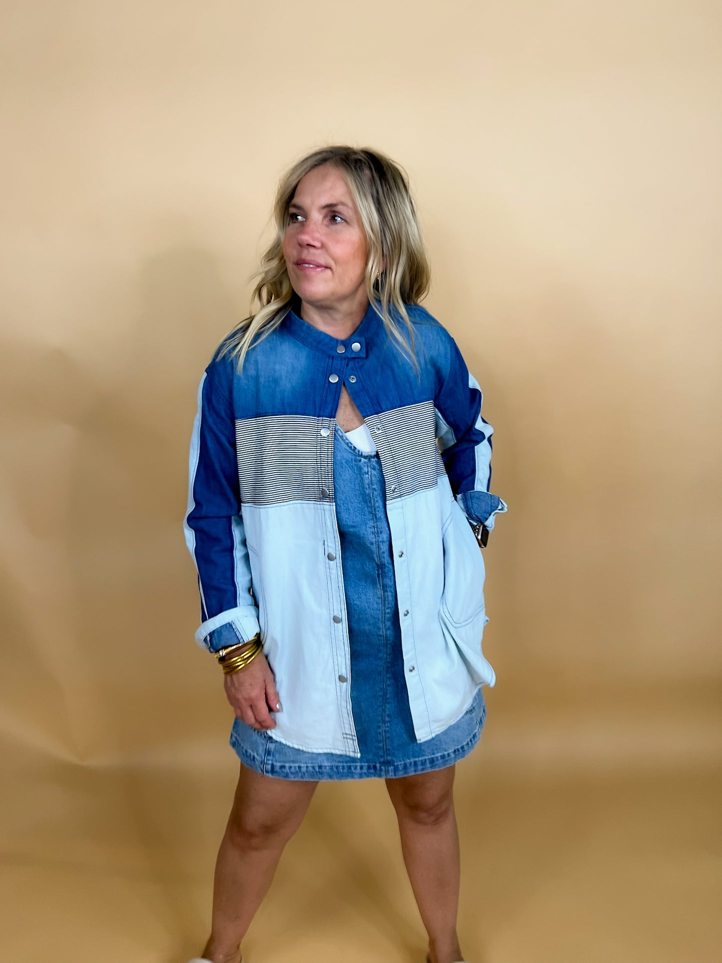 Free People: Moto Color Block Shirt - Blue Combo - Revel Boutique