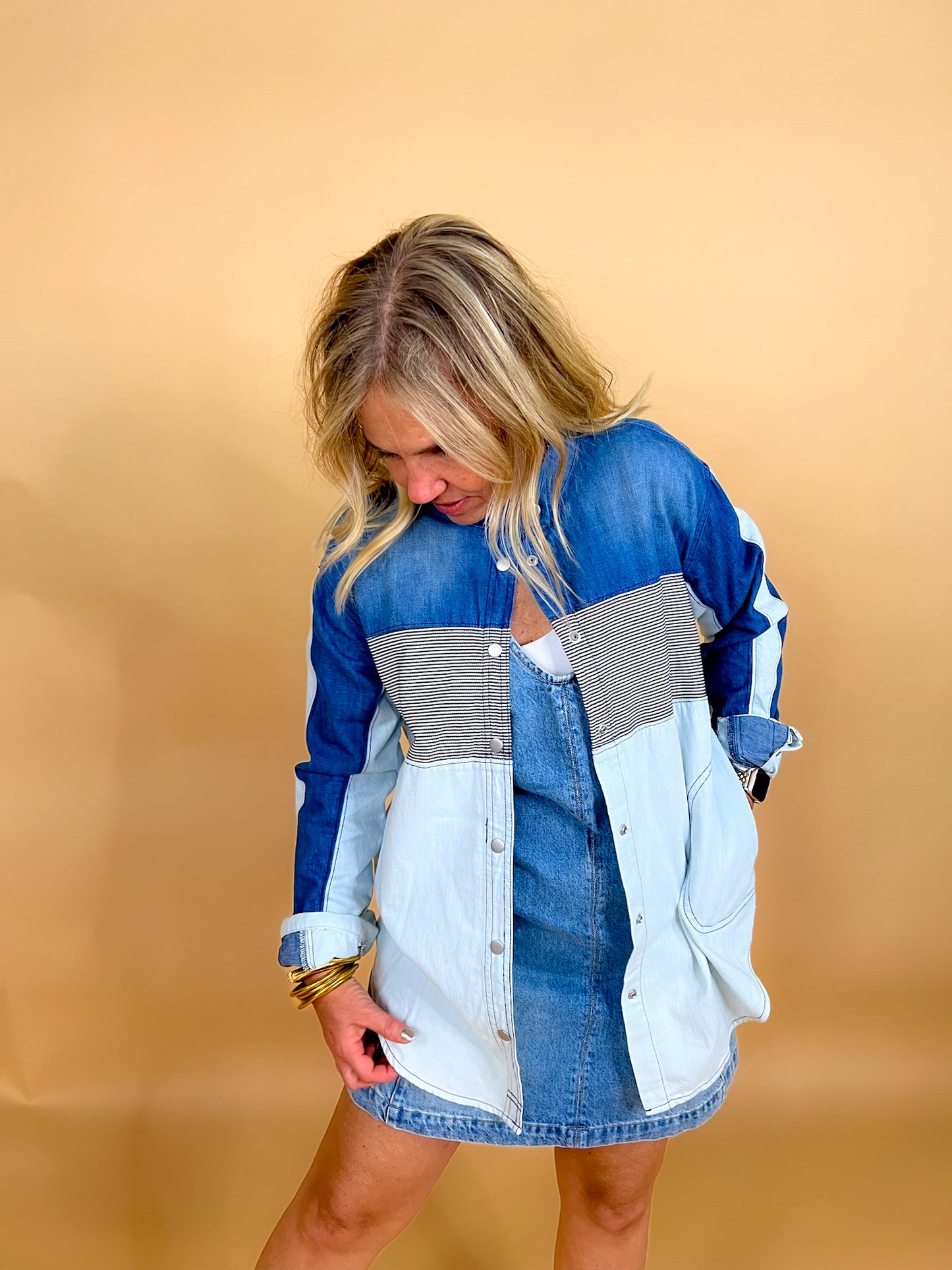 Free People: Moto Color Block Shirt - Blue Combo - Revel Boutique