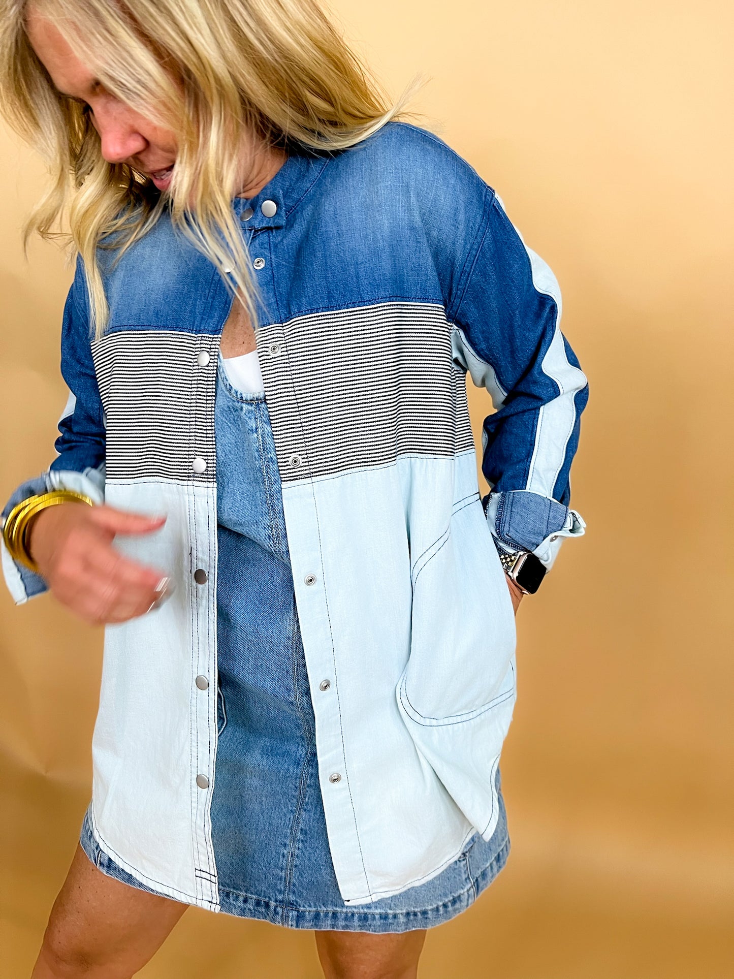 Free People: Moto Color Block Shirt - Blue Combo