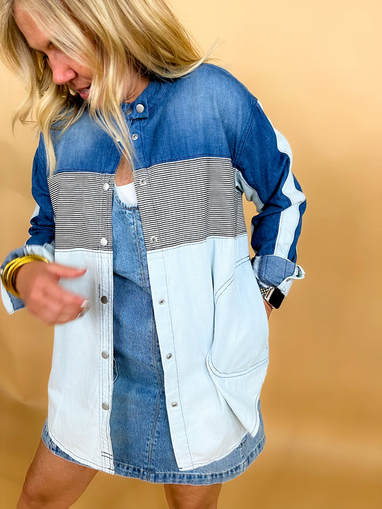 Free People: Moto Color Block Shirt - Blue Combo - Revel Boutique