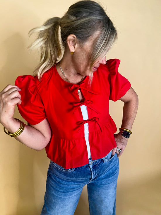 Kaia Bow Tie Top - Red - Revel Boutique