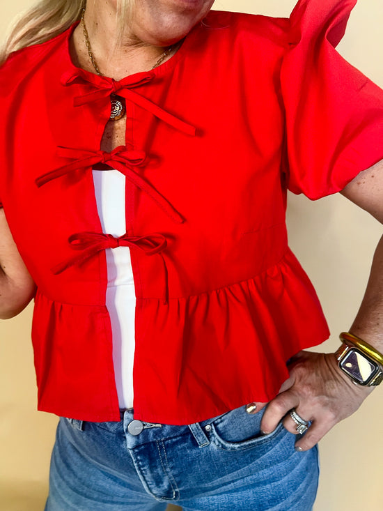 Kaia Bow Tie Top - Red - Revel Boutique