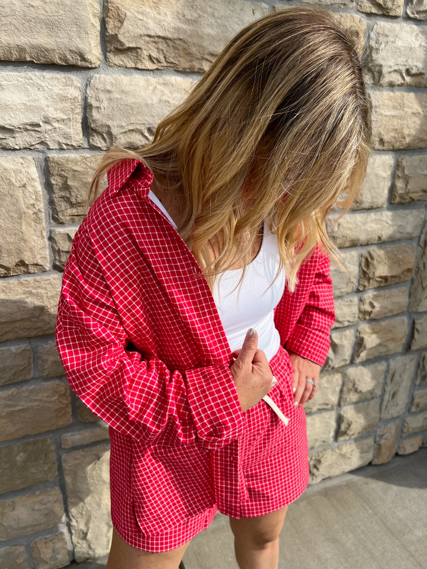 Karma Check Shirt - Red - Revel Boutique