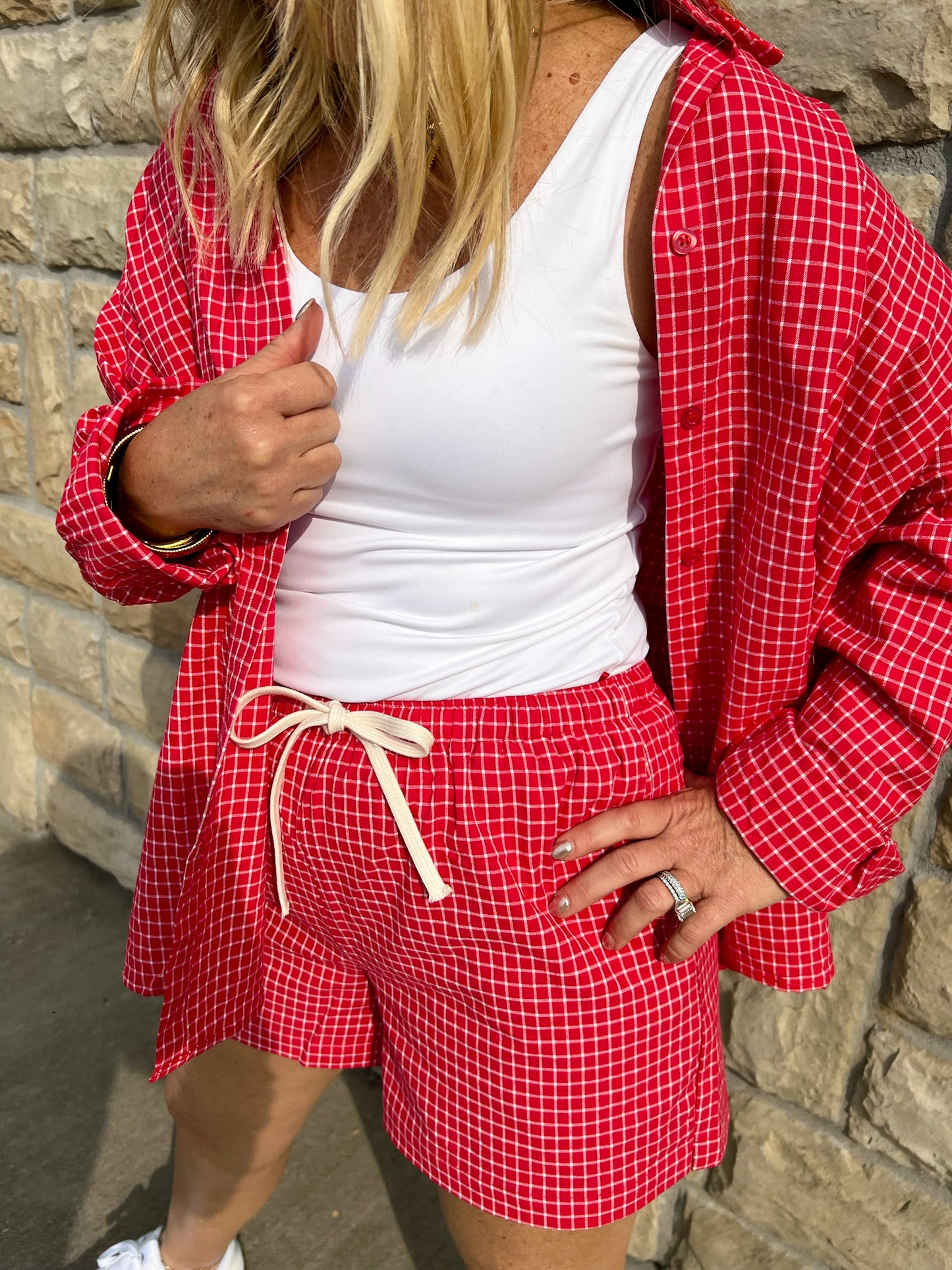 Karma Check Shirt - Red - Revel Boutique