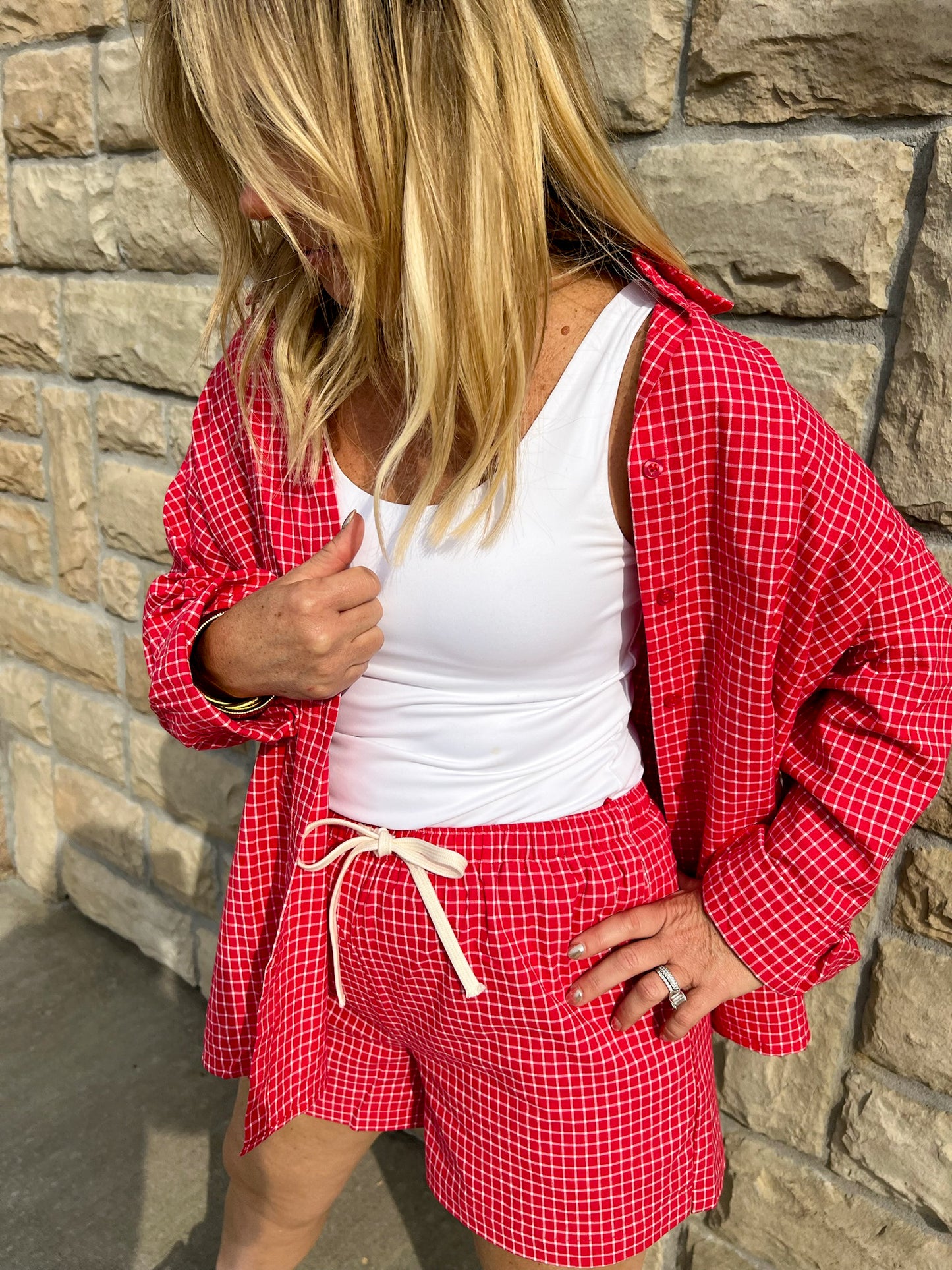 Karma Check Shirt - Red - Revel Boutique