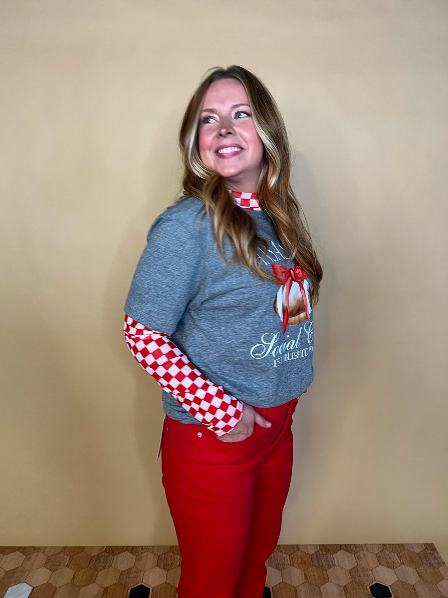 Pep Rally Check Mesh Top - Red - Revel Boutique