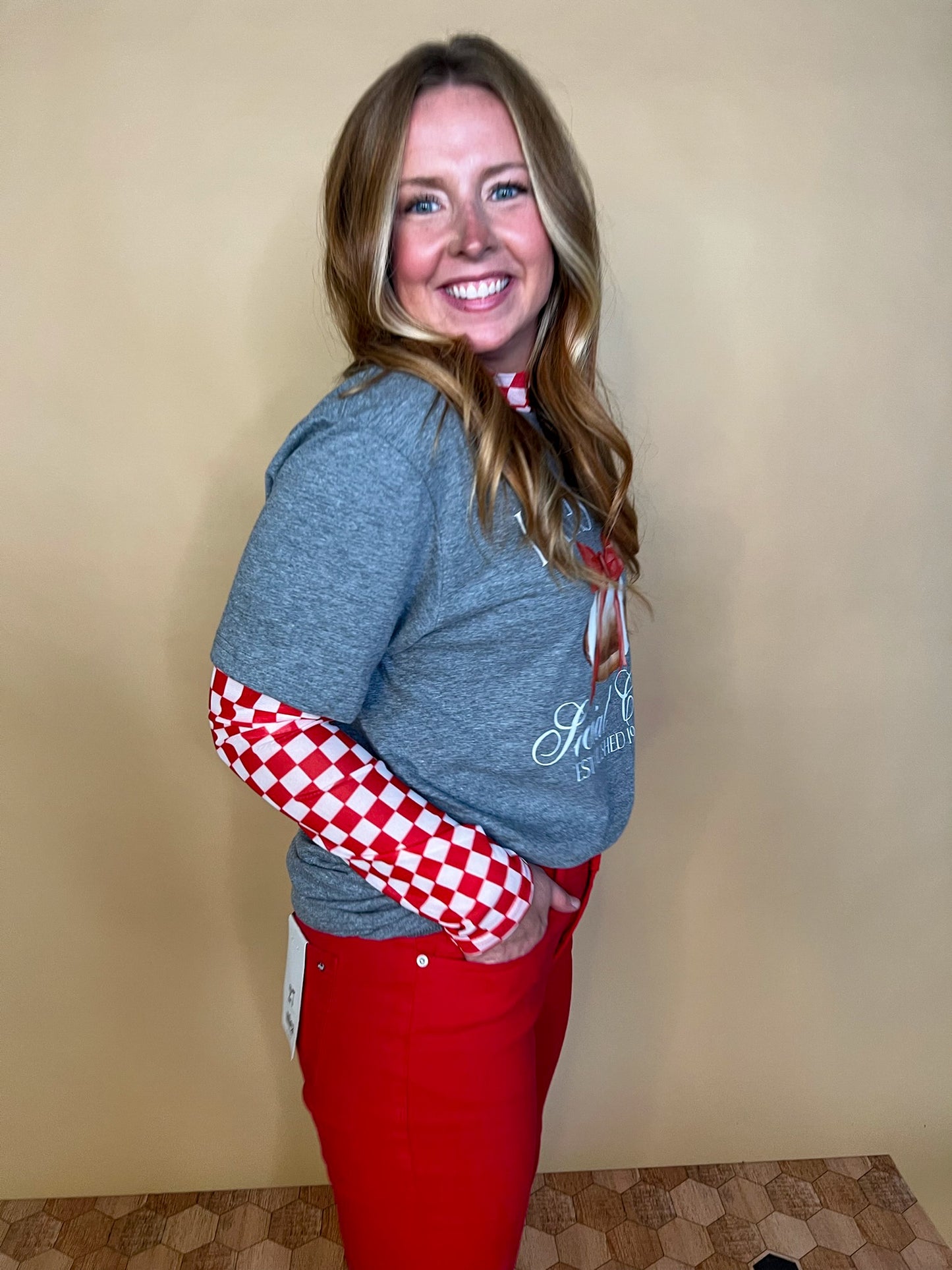 Pep Rally Check Mesh Top - Red - Revel Boutique