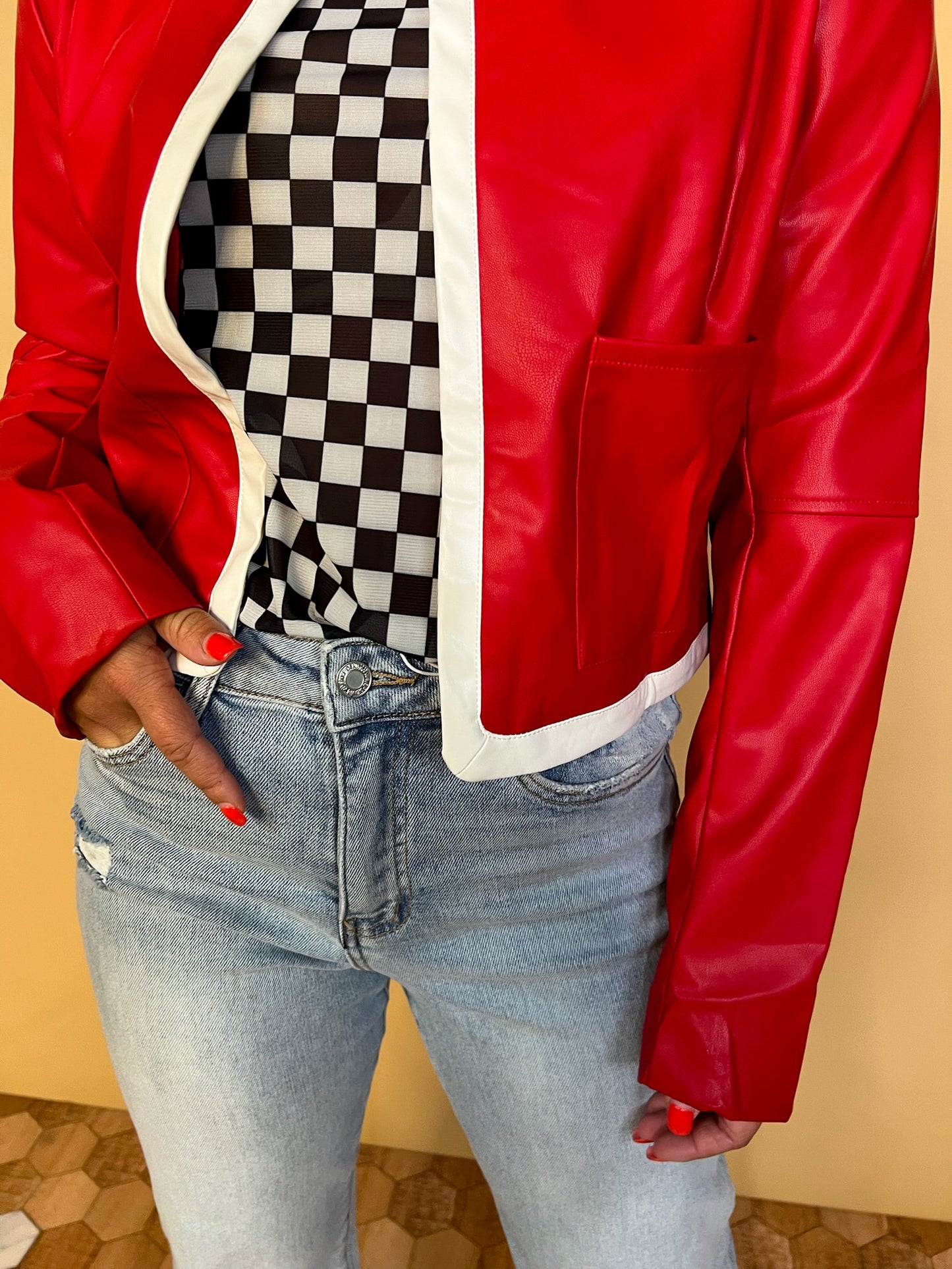 Tight End Pleather Jacket - Red - Revel Boutique