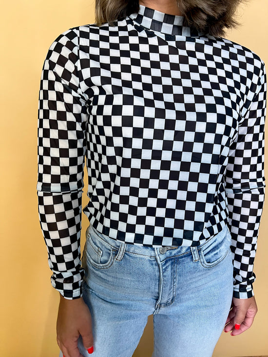 Pep Rally Check Mesh Top - Black - Revel Boutique