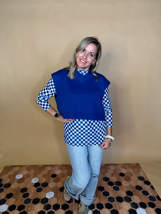 Pep Rally Check Mesh Top - Blue - Revel Boutique