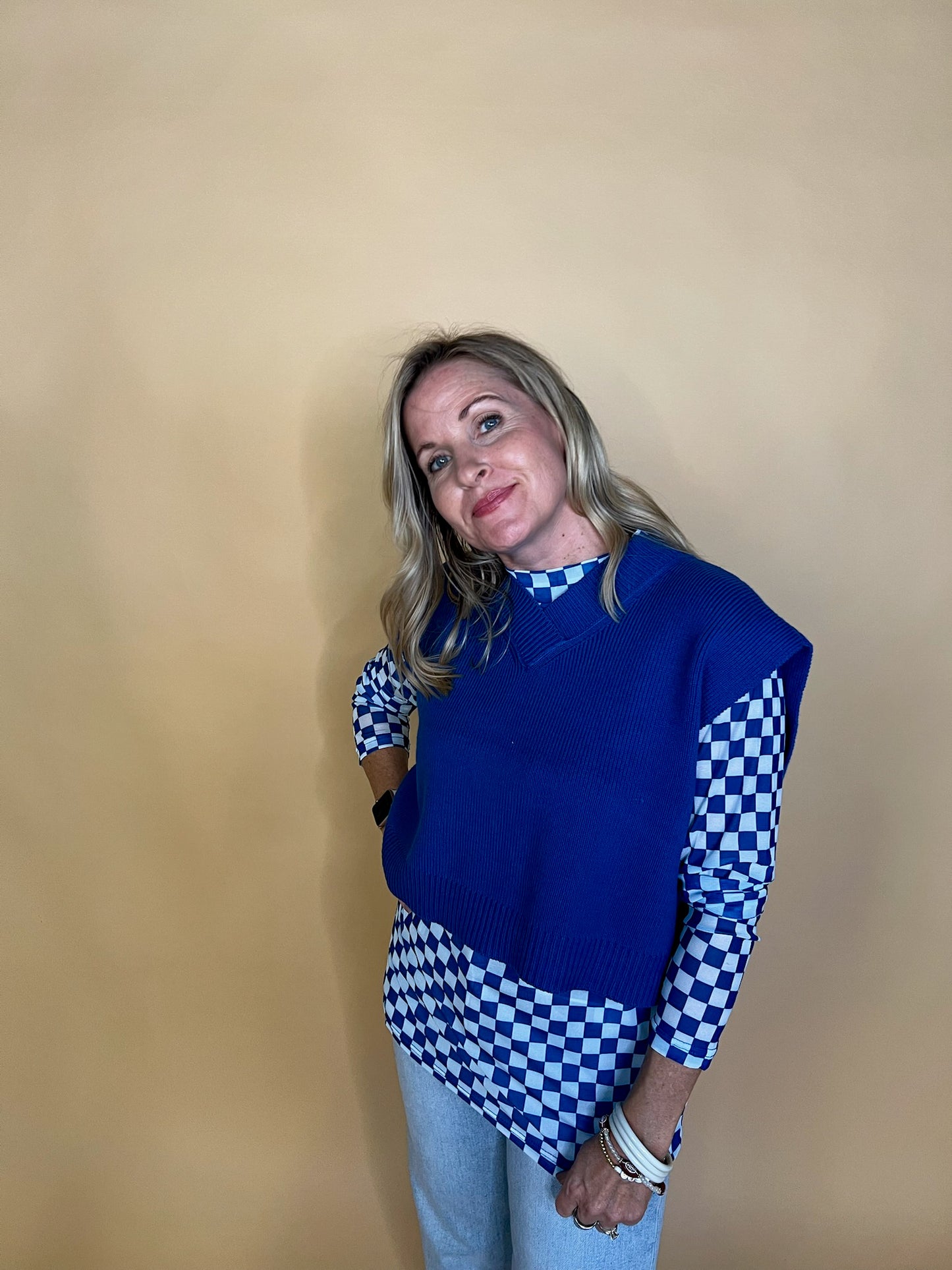 Pep Rally Check Mesh Top - Blue - Revel Boutique