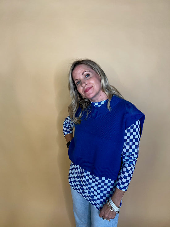 Pep Rally Check Mesh Top - Blue - Revel Boutique