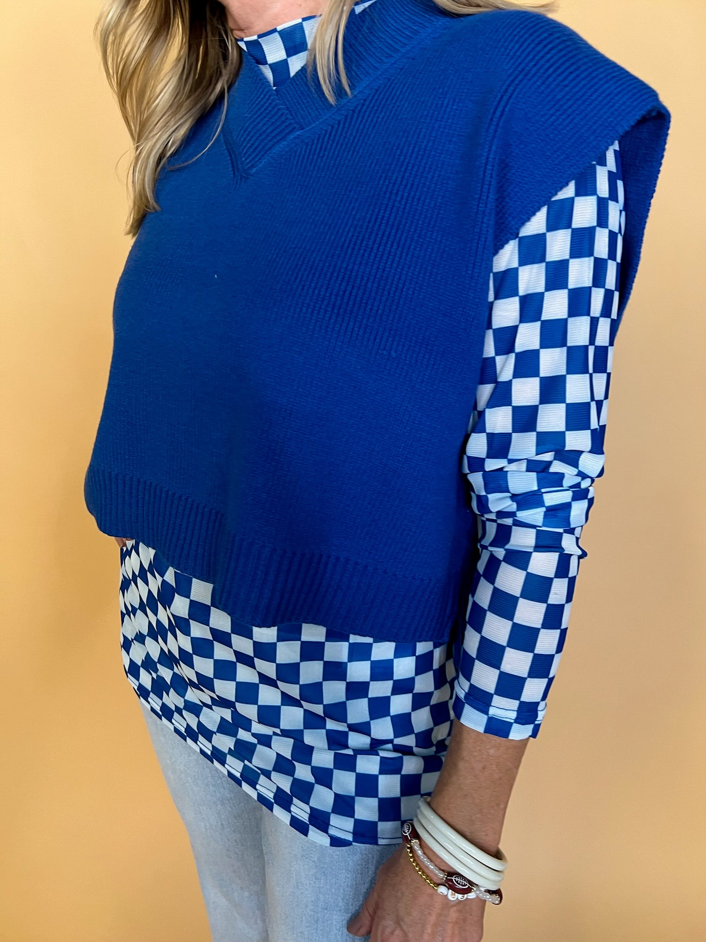 Pep Rally Check Mesh Top - Blue - Revel Boutique