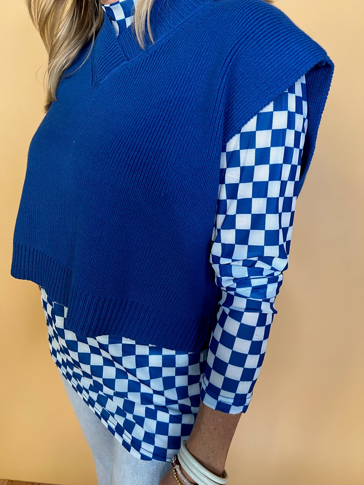 Pep Rally Check Mesh Top - Blue - Revel Boutique