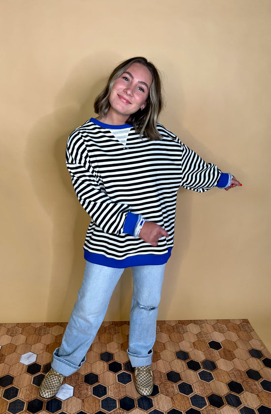 Going Viral Oversized Stripe Top - Black/Royal