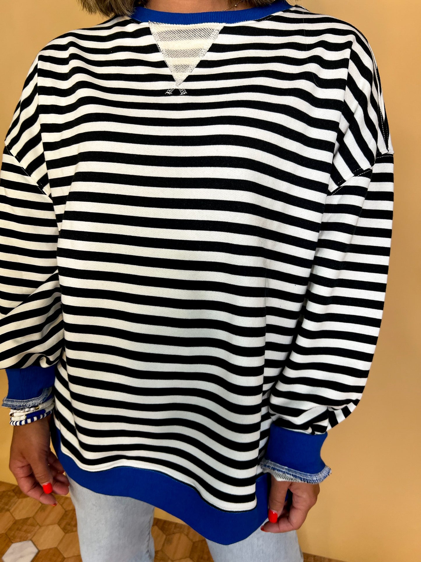 Going Viral Oversized Stripe Top - Black/Royal