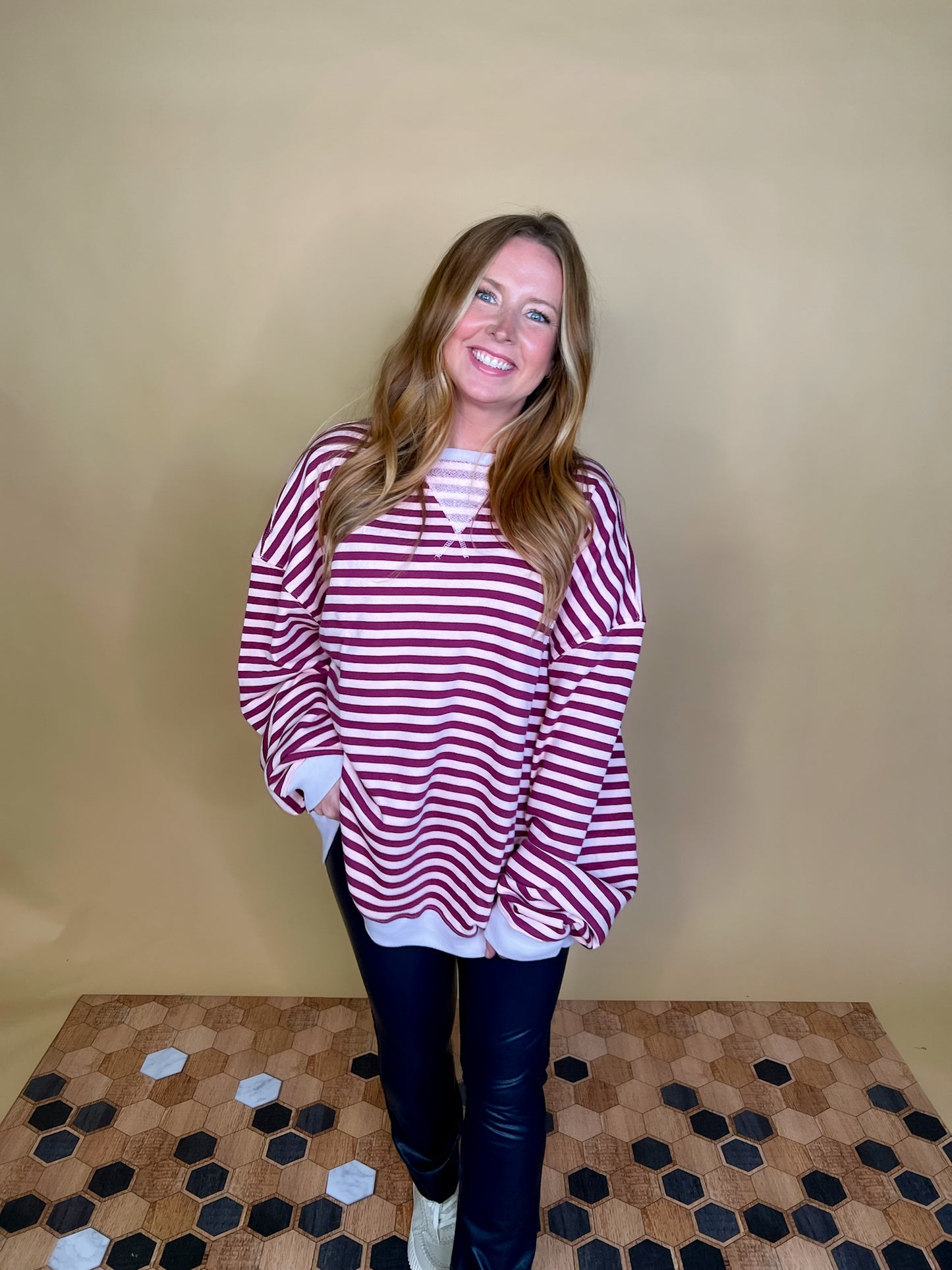 Free People: Classic Striped Crewneck - Raspberry - Revel Boutique