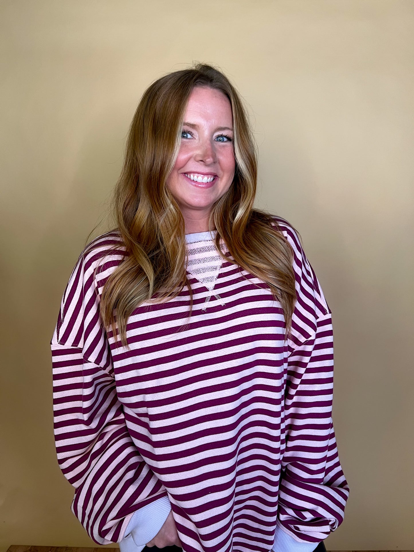 Free People: Classic Striped Crewneck - Raspberry