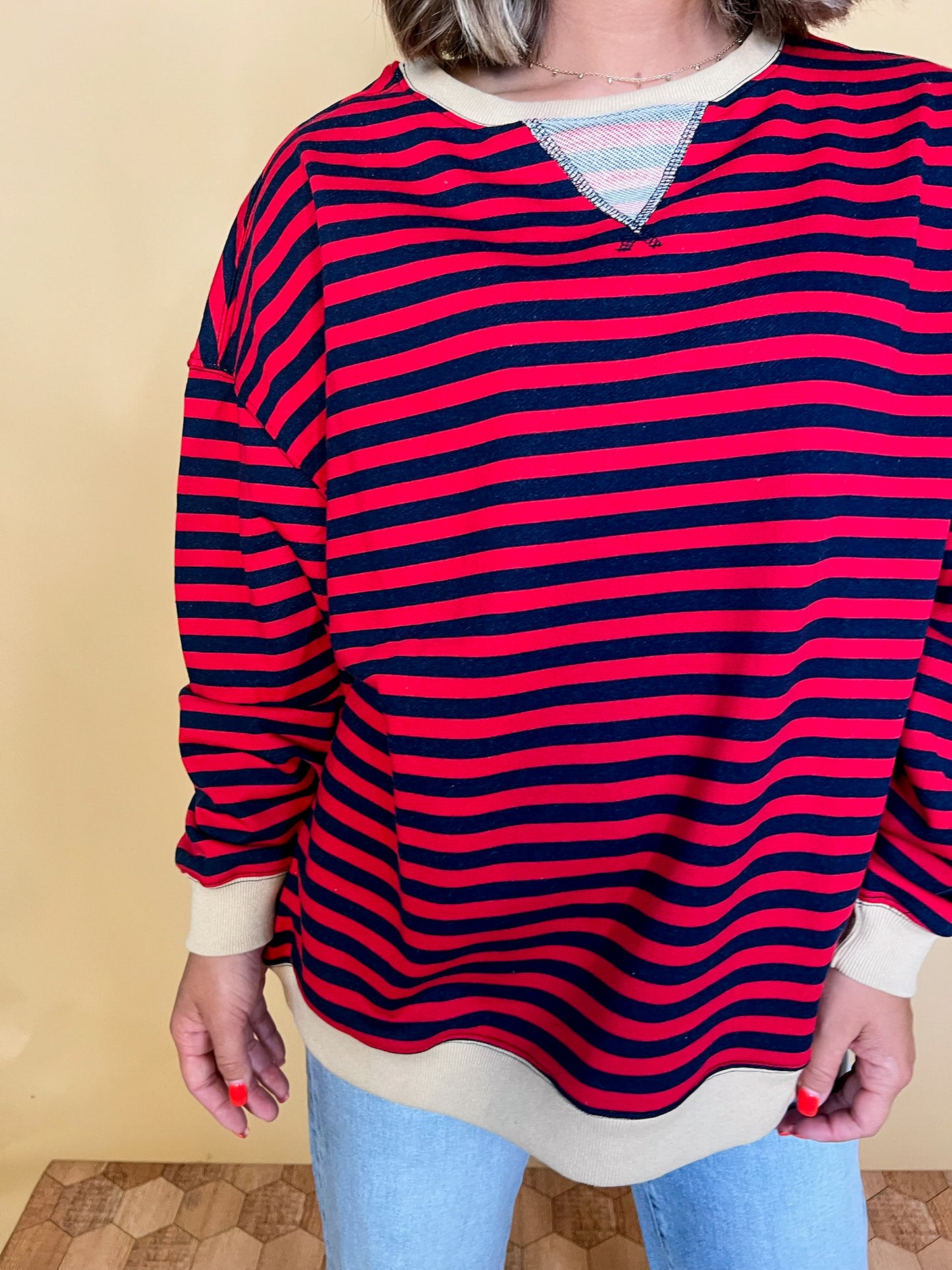 Going Viral Oversized Stripe Top - Red/Navy