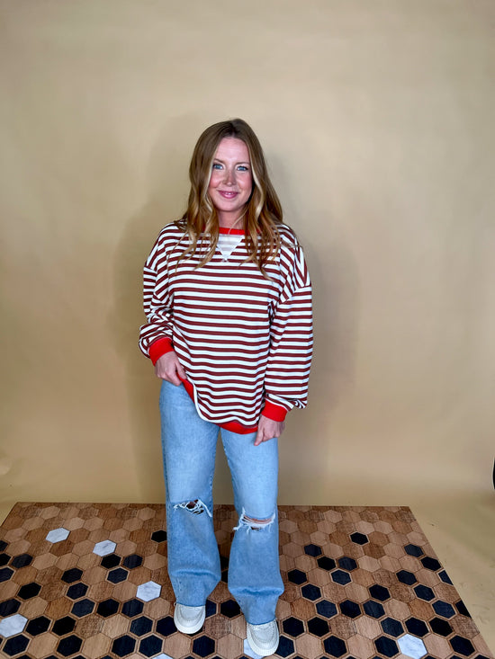 Going Viral Oversized Stripe Top - Chestnut/Ivory - Revel Boutique