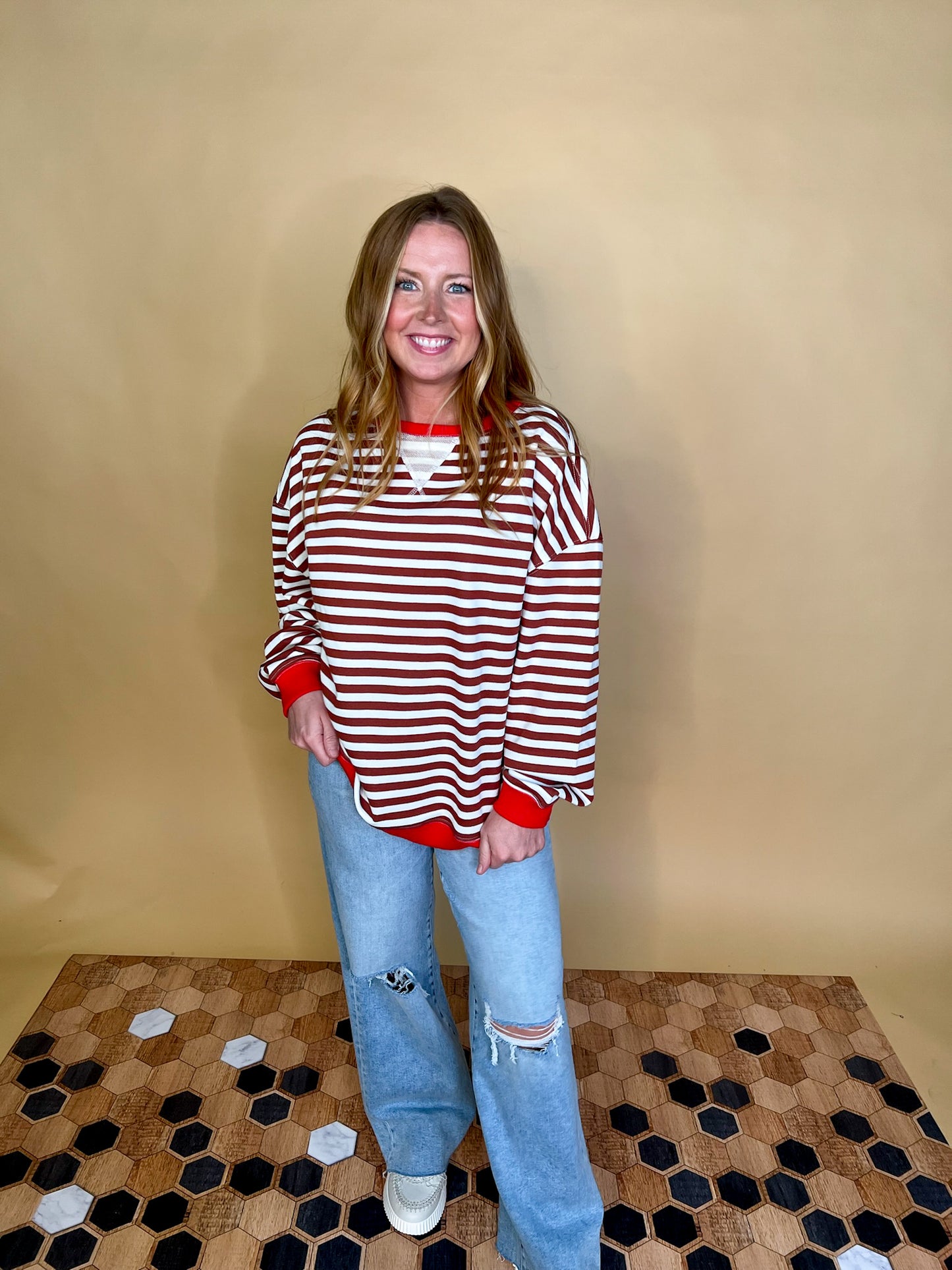 Going Viral Oversized Stripe Top - Chestnut/Ivory - Revel Boutique