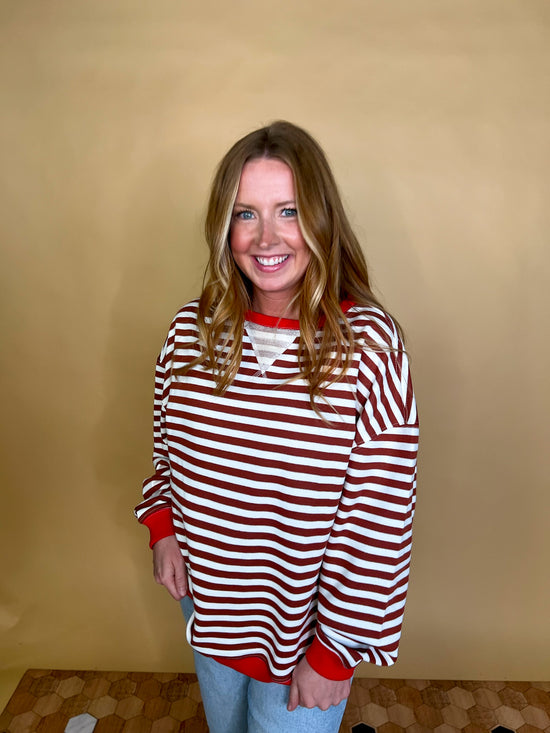 Going Viral Oversized Stripe Top - Chestnut/Ivory