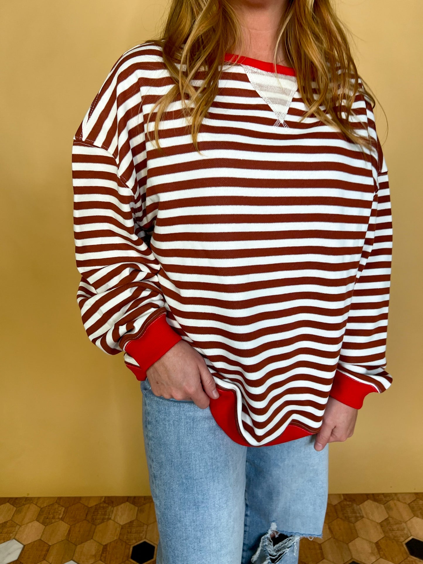 Going Viral Oversized Stripe Top - Chestnut/Ivory