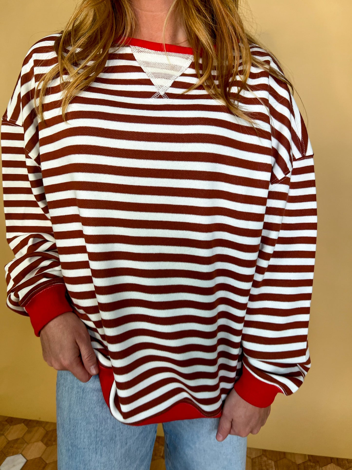 Going Viral Oversized Stripe Top - Chestnut/Ivory - Revel Boutique