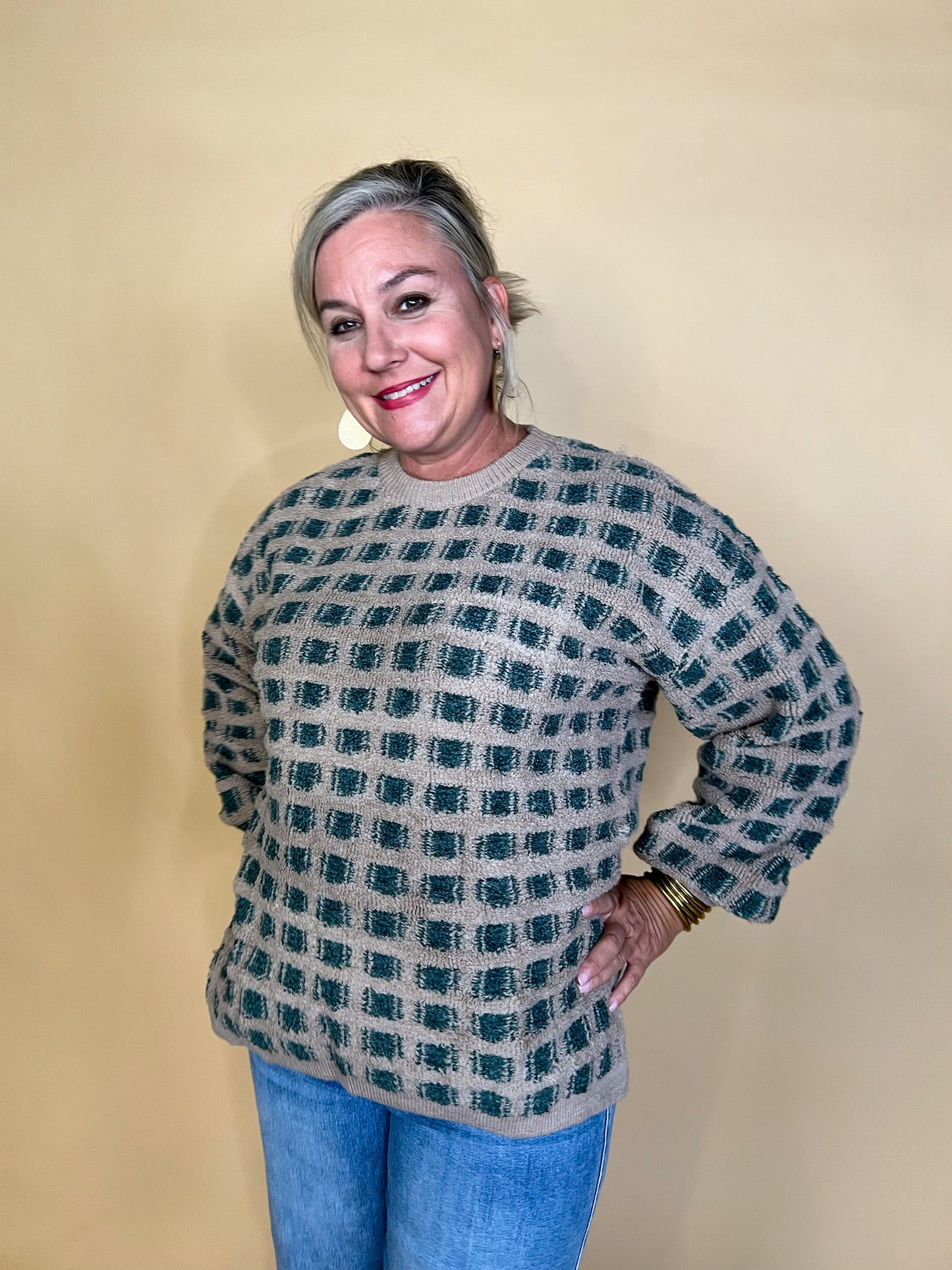 Hey Pumpkin Check Sweater - Taupe/Olive - Revel Boutique