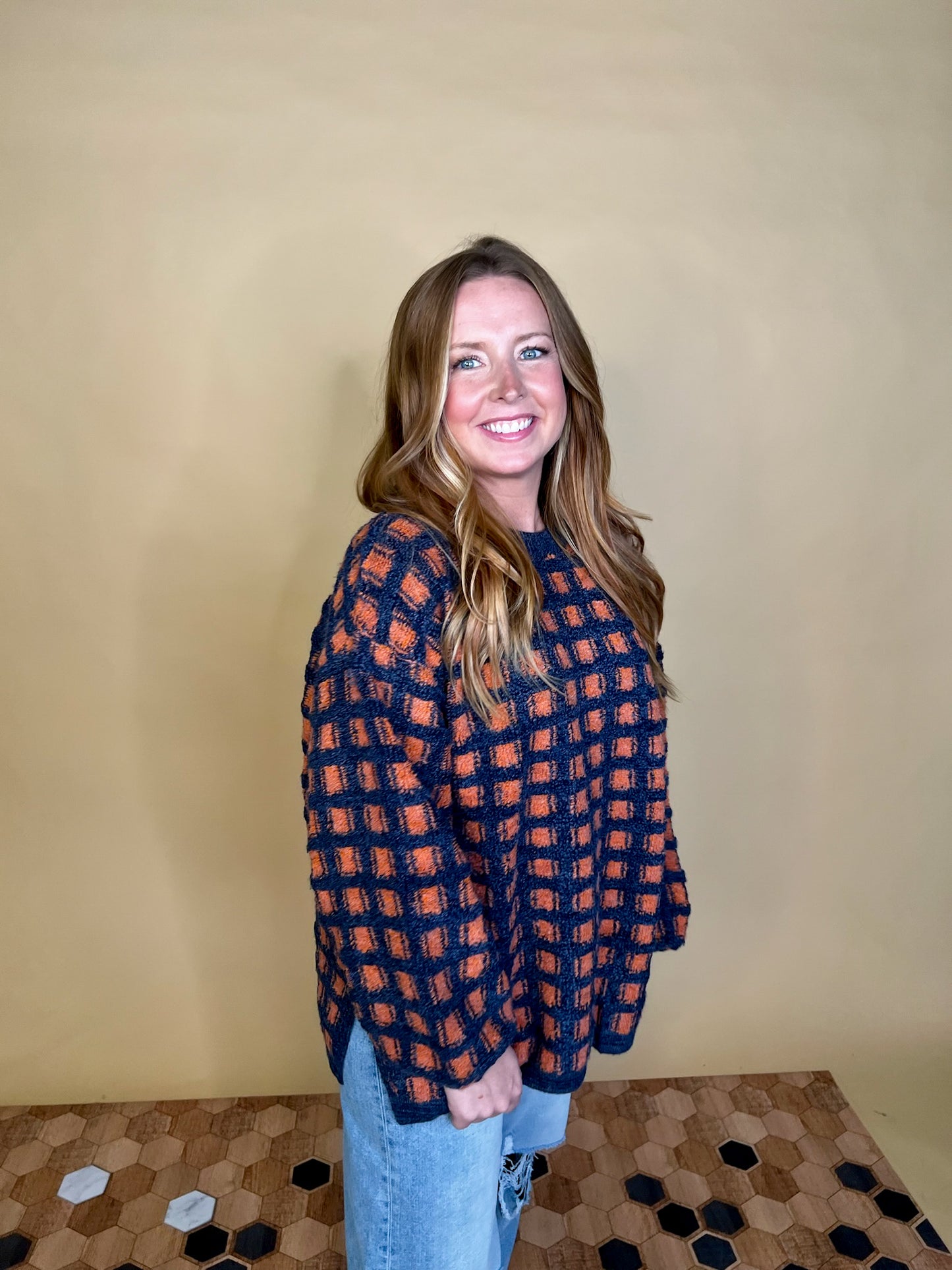 Hey Pumpkin Check Sweater - Navy/Rust - Revel Boutique