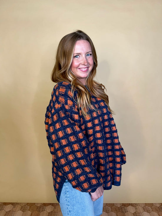 Hey Pumpkin Check Sweater - Navy/Rust - Revel Boutique