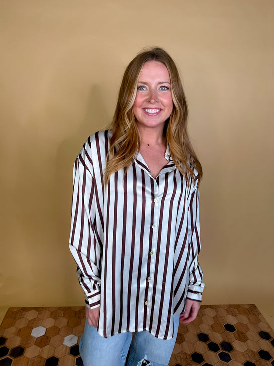 Power Moves Striped Blouse - Brown - Revel Boutique