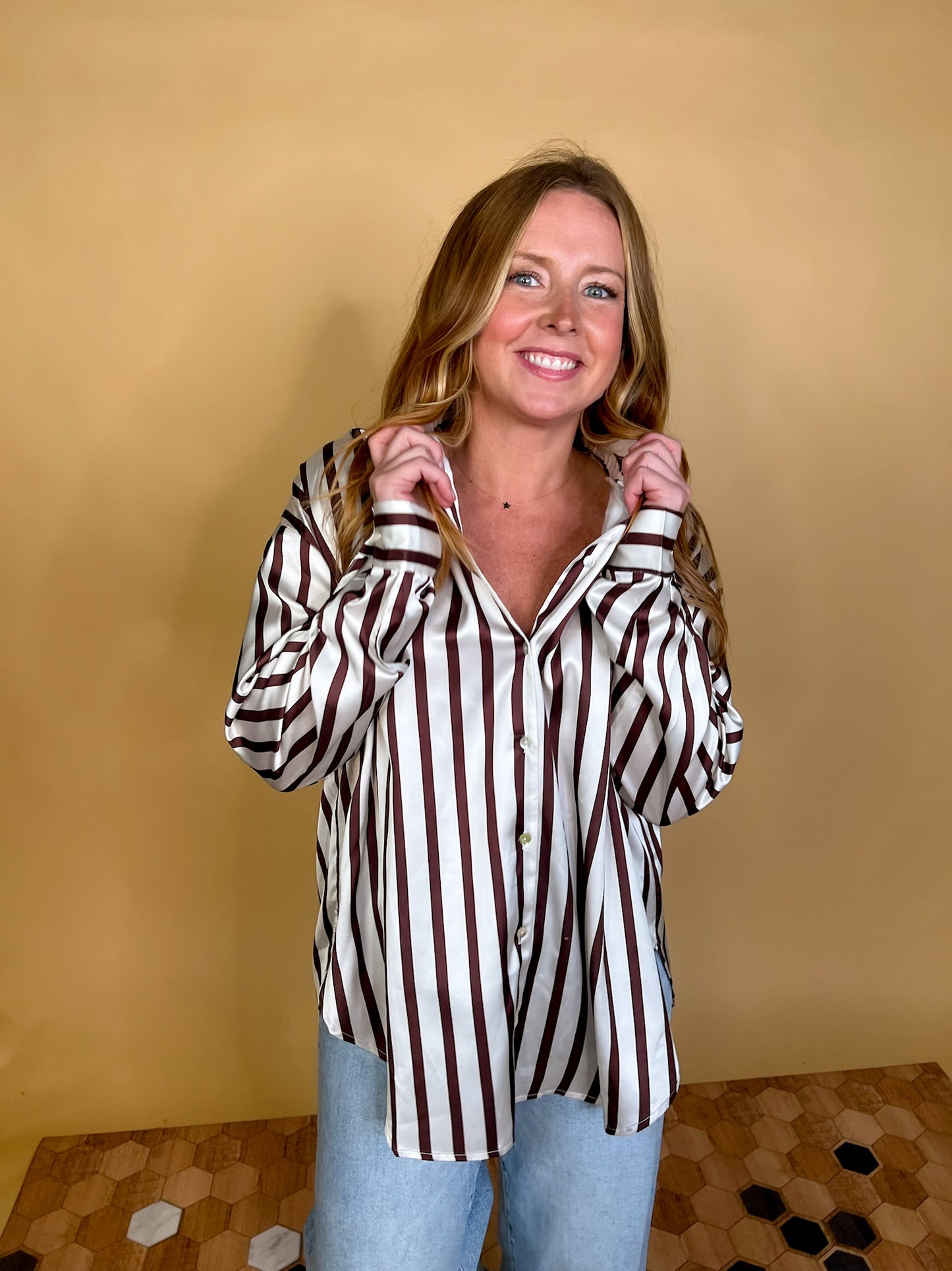 Power Moves Striped Blouse - Brown - Revel Boutique