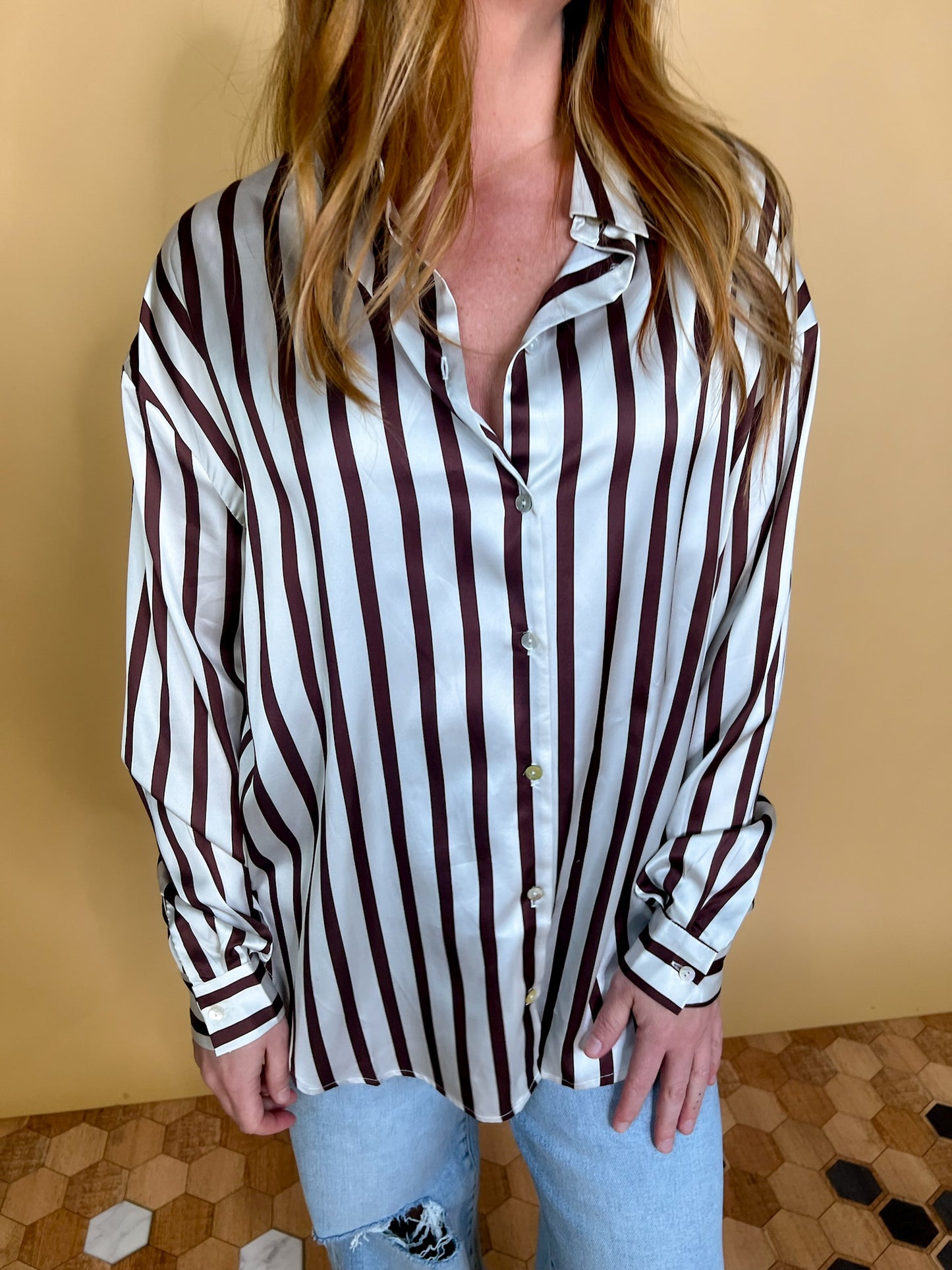 Power Moves Striped Blouse - Brown - Revel Boutique