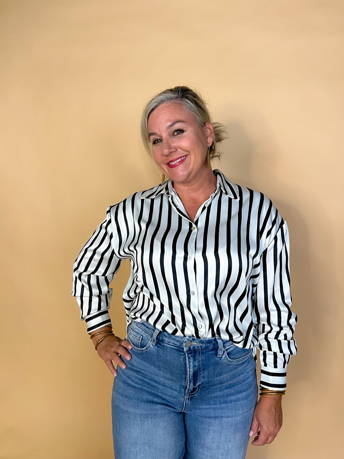 Power Moves Striped Blouse - Black - Revel Boutique