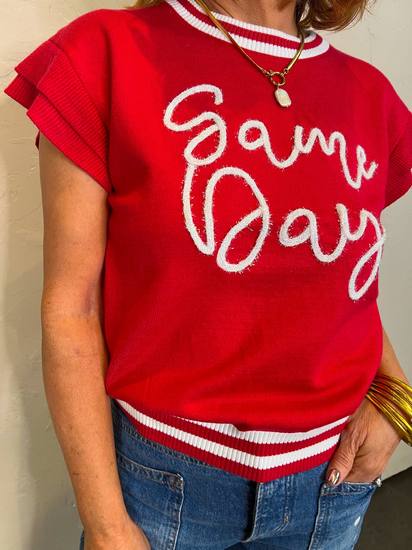 Gameday Ruffle Short Sleeve Sweater - Revel Boutique