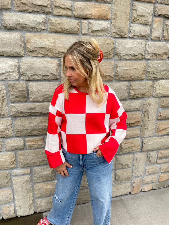 Line of Fire Check Sweater - Red - Revel Boutique