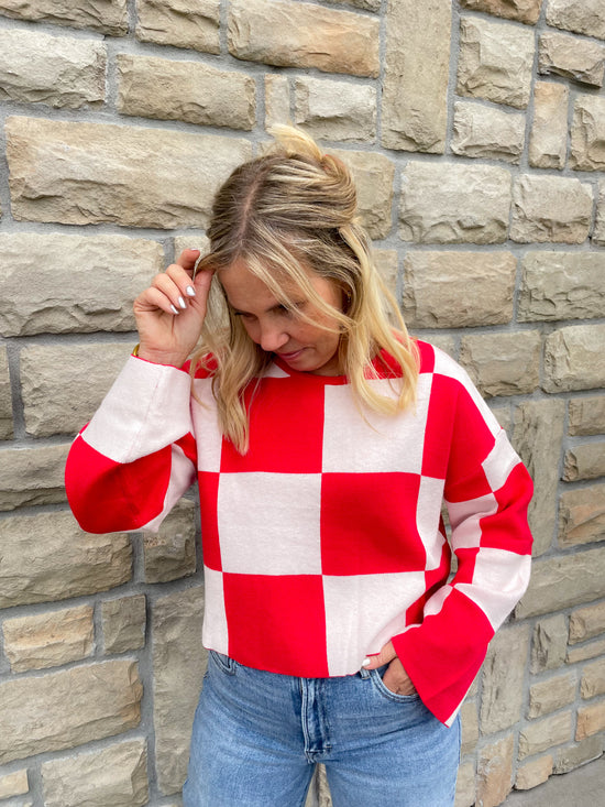 Line of Fire Check Sweater - Red - Revel Boutique