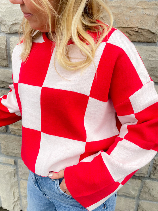 Line of Fire Check Sweater - Red - Revel Boutique